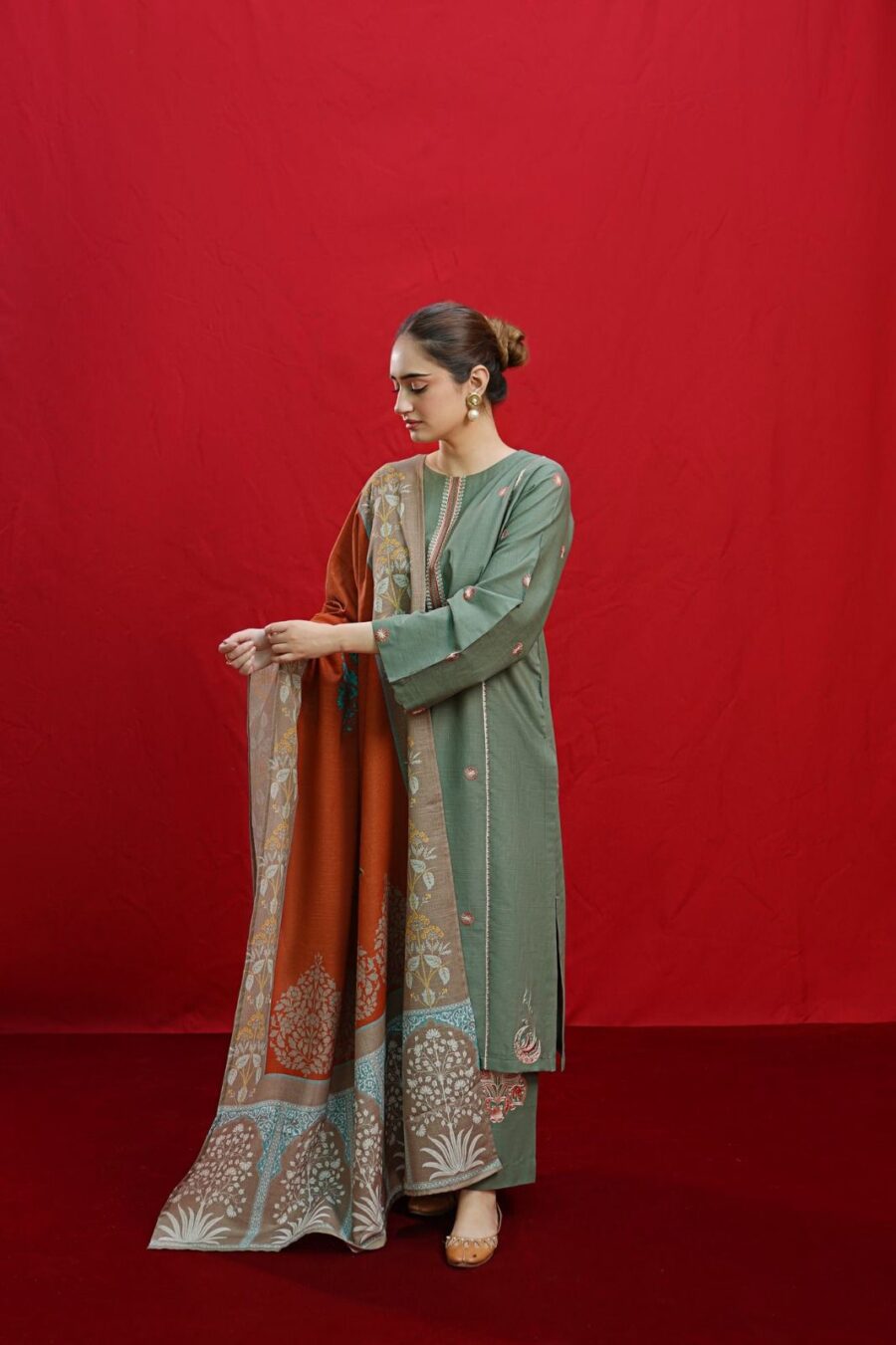 Dhanak Heavy Embroidery Winter Collection - Red - Image 3